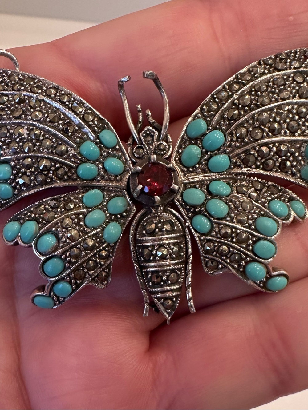 Vintage Sterling Silver Turquoise and Marcasite Butterfly Hinged Brooch/pendant - Picture 3 of 9